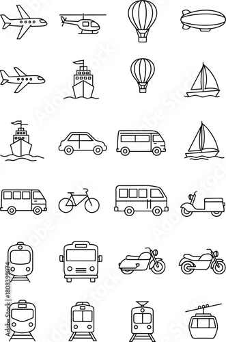 Collection of various transportation icons in a line art style