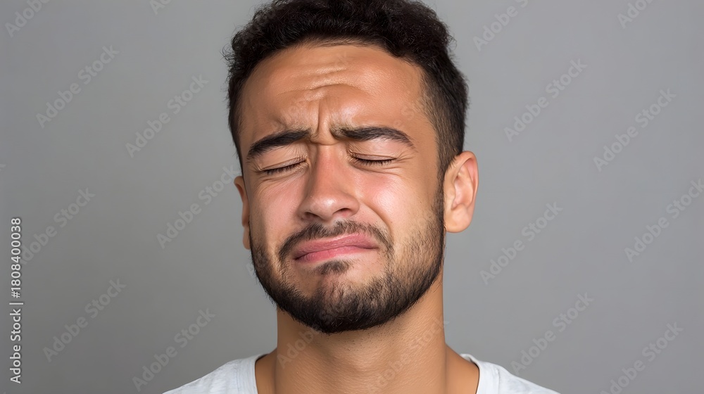 Fototapeta premium A man with closed eyes and a furrowed brow displays an expression of intense pain or distress