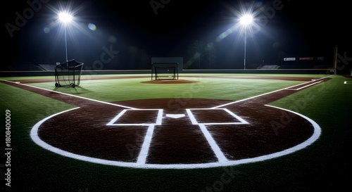 Illuminated baseball field at night with batting cage and home plate visible
