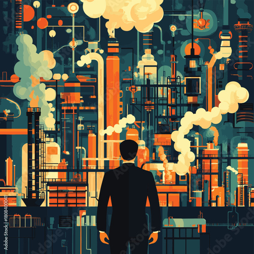 Industrial corporation set. Big boss in suit. Smoke pours from pipes  , vector style simple color