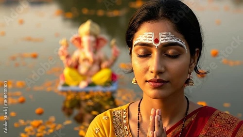 Hindu Woman Meditating with Ganesha Idol in Water During Festival.