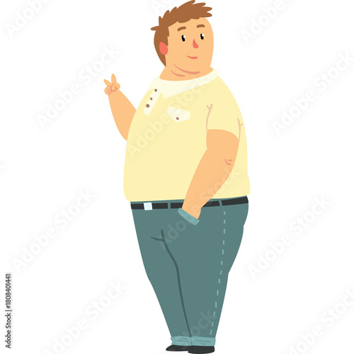 Pixelated obese man wearing a yellow polo shirt and blue jeans with hands in pockets and peace sign in the air isolated on white background in bright lighting