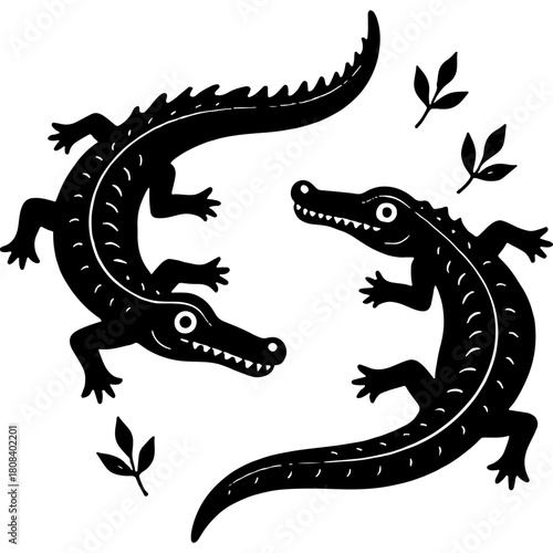 Pair of alligators during mating season. Engraving minimalistic vector in black ink drawing on transparent background