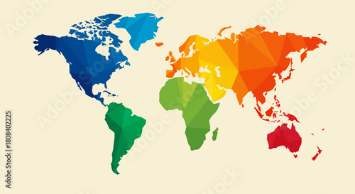 Colorful polygonal world map illustration on a beige background.