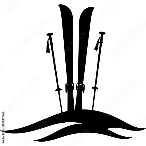 Ski poles and skis stuck in a snowdrift. Engraving minimalistic vector in black ink drawing on transparent background