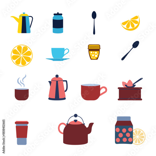 Colorful Beverage and Kitchen Icon Set – Flat Design of Tea, Coffee, and Culinary Items