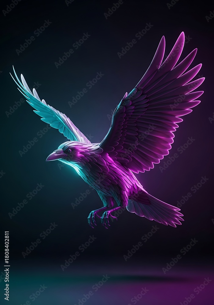Fototapeta premium Neon Illuminated Raven in Flight with Cyberpunk Aesthetic Lighting