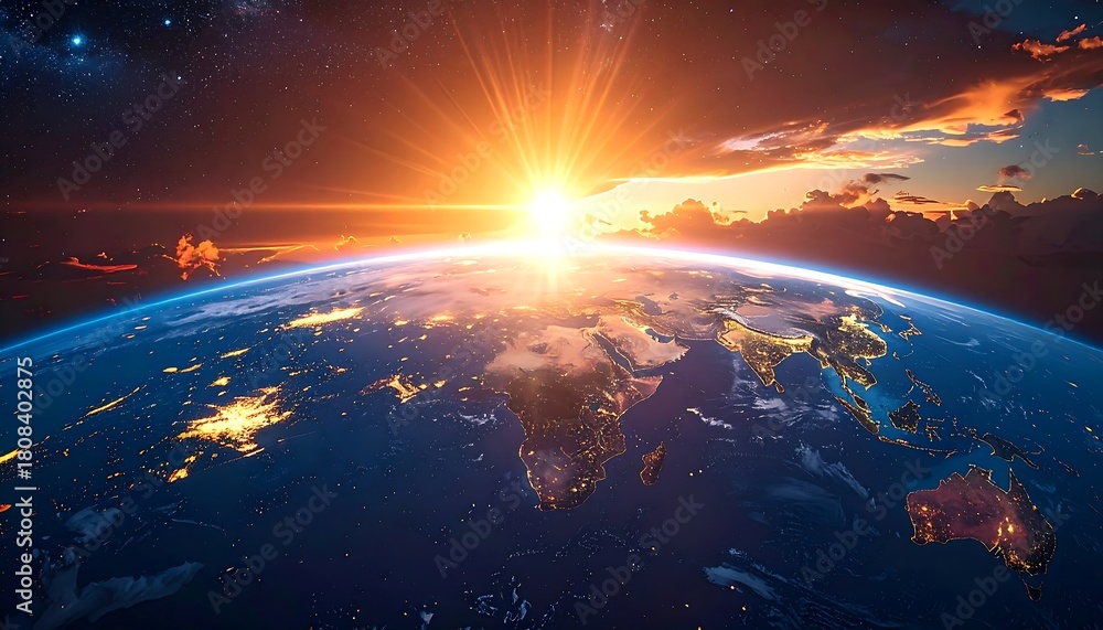 Obraz premium Spectacular sunrise over Earth, illuminating continents and creating a vibrant atmosphere.
