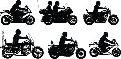 Motorcycle silhouettes set, a vector illustration collection of riders, bikers on choppers and sportbikes, transportation icons, isolated on white.