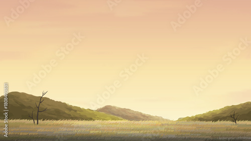 Wilderness vector illustration sunset sky dead trees distant mountains and grassfield background 16X9