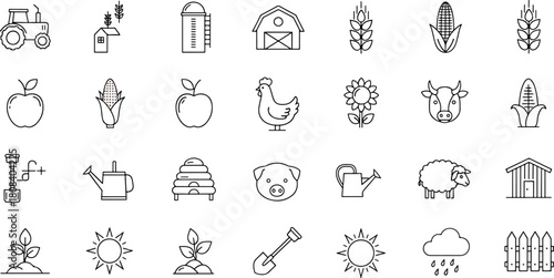 Collection of farm and agriculture icons in a simple line art style