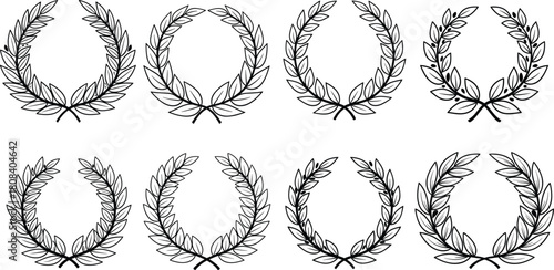 Set of hand drawn laurel wreath vector illustration, vintage outline floral frame collection, award design elements, isolated on white background, linear style.
