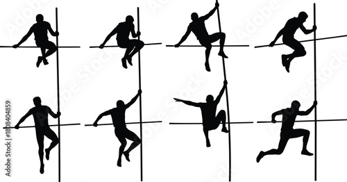 Parkour and obstacle course silhouettes set, vector illustration of men climbing poles and balancing on bars, athletic training figures isolated on white background.