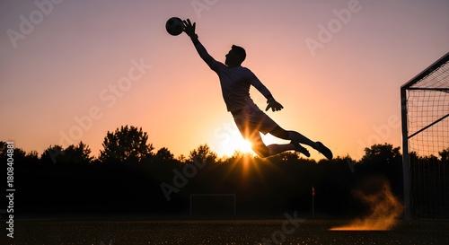 Silhouette of a soccer goalkeeper leaping to catch the ball against a sunset sky