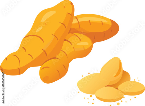 Illustration of fresh turmeric roots and slices a vibrant golden spice high quality