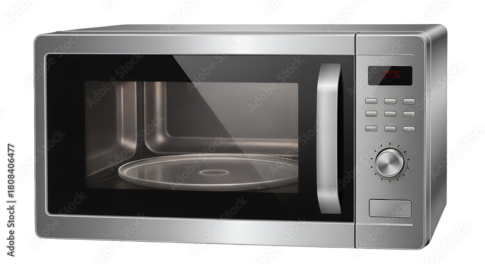 Obraz premium Sleek stainless steel microwave oven, a modern kitchen appliance designed for quick and convenient cooking, isolated on a clean transparent background
