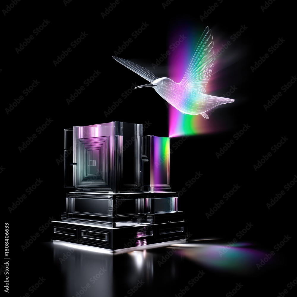 Obraz premium A translucent glass hummingbird appears to be emerging from a geometric, prism-like structure that emits a vibrant rainbow of light.