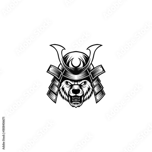 black and white illustration logo of samurai panda
