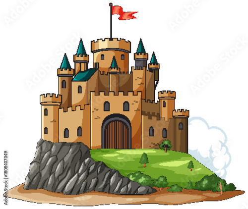 Medieval Stone Castle on Rocky Hill with Red Flag