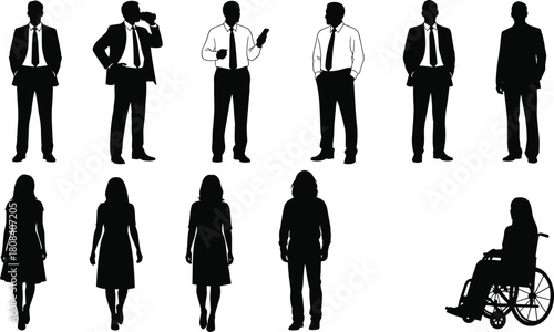 People silhouettes set, a vector illustration collection of business men and women, diverse group including a person in a wheelchair, isolated.