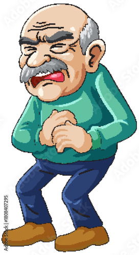 Elderly Man Experiencing Chest Pain in Cartoon Style