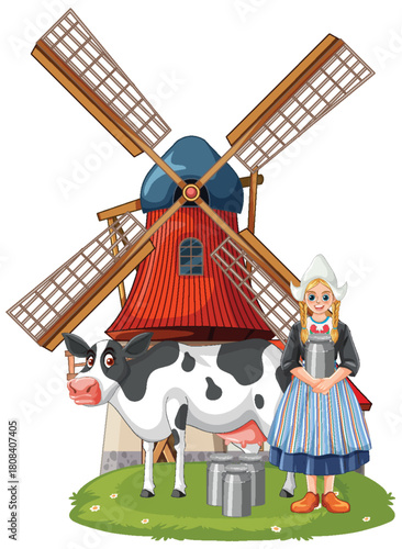 Dutch Girl with Cow and Traditional Windmill Illustration