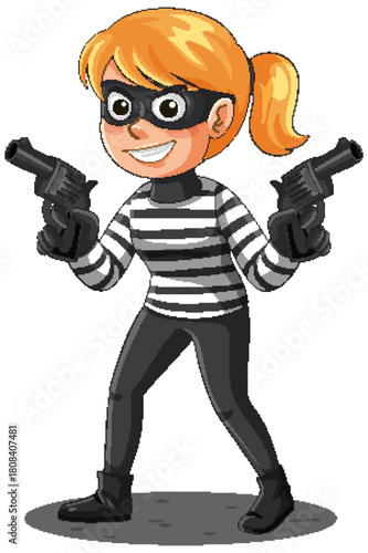 Cartoon Female Robber Holding Two Pistols in Masked Outfit