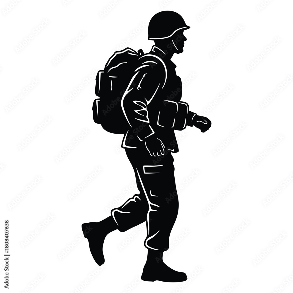 Naklejka premium Soldier silhouette marching with full military gear in monochrome vector design