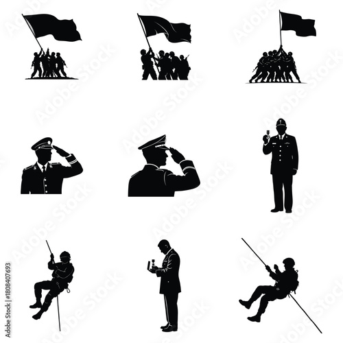 Powerful soldier silhouettes raising flag, saluting, and rappelling with dedication
