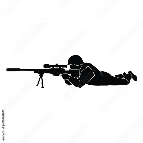 Focused sniper aiming with precision rifle, lying down, poised for critical action