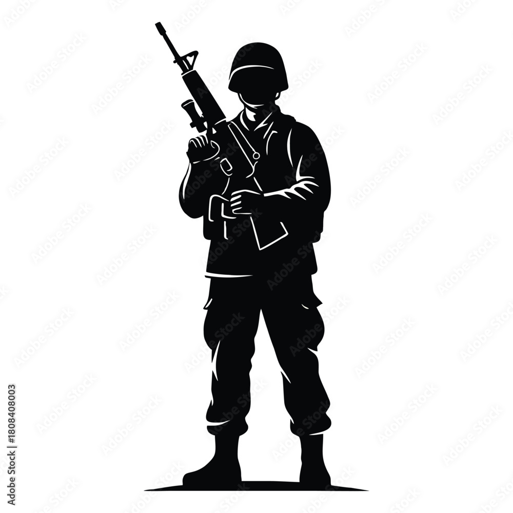Naklejka premium Powerful silhouette of a soldier standing guard, rifle ready for impactful designs