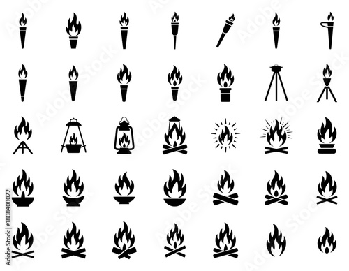 Fire and Flame Icons Set of Torch, Bonfire, Campfire, lantern and Heat. Black Vector Silhouette Collection. flat elements illustration