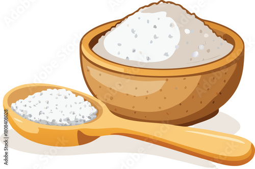 A wooden bowl and spoon filled with white granular salt crystals high quality