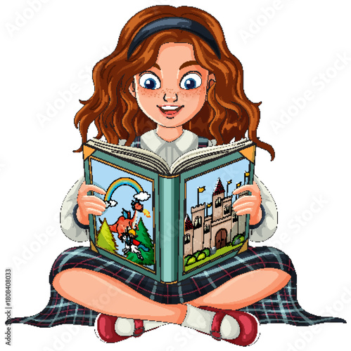 Scottish Schoolgirl Reading Illustrated Storybook