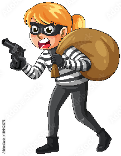 Cartoon Female Robber Carrying Sack and Toy Gun