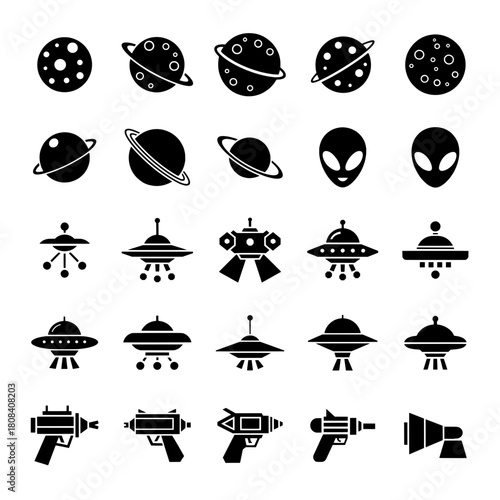 Science Fiction and Alien Icons Set. UFO, Planets, Ray Gun and Extraterrestrial Head Symbols. Vector illustration