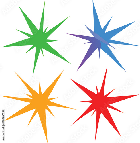 Four vibrant starburst shapes in red orange green and blue colors high quality