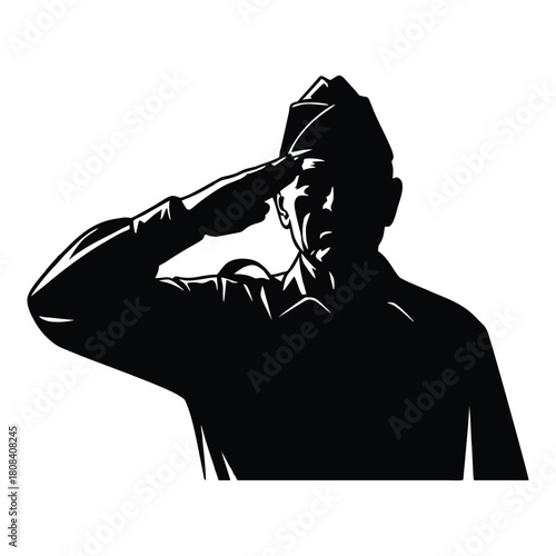 Striking silhouette of soldier saluting with honor and respect against white background