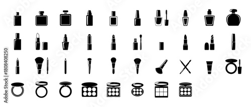 Beauty Makeup and Cosmetic Products Icons Set. Perfume, Lipstick, Brush, Powder and Nail Polish. Modern Vector Graphics. 