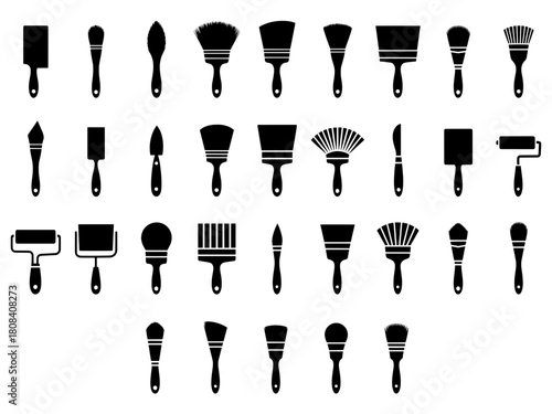 Artist Paintbrush and paint Roller Icon Set. Painting Tool, Spatula, palette knives, Blade and Bristle. Vector illustration. 