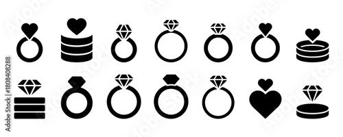 Diamond Ring and Engagement Jewelry Icons Set, Heart Gemstone Wedding Symbol Vector Collection