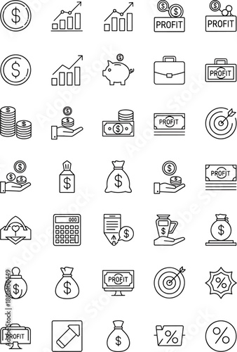 Collection of finance and business related icons and symbols