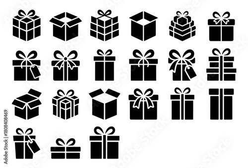 Gift Boxes or presents Icon set for Holiday Celebration, Birthday Party and Shopping Design with Bow ribbon Silhouette. Vector illustration