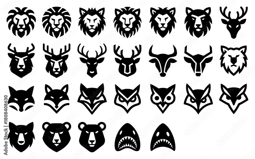 Naklejka premium Tribal Animal Head Logotype Icon Set. Wild Animals, Predator, Lion, Deer, Bear, Fox, Owl and Shark Face. Nature Symbol Vector illustration