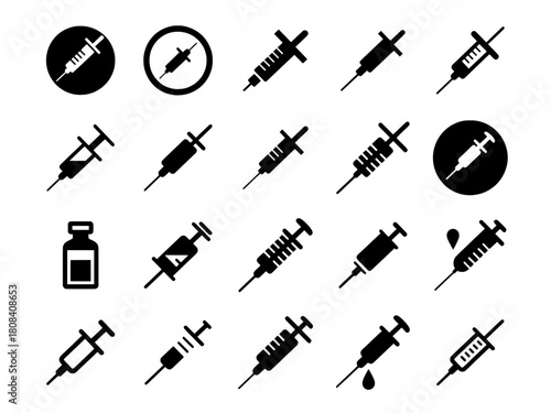 Vector Syringe and Injection Icons Set, Vaccine, Hypodermic Needle and Vial Silhouettes. medicine, vaccination and healthcare graphic elements