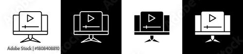 Video icon set in line and glyph style on black and white background
