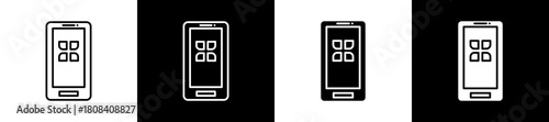 Mobile icon set in line and glyph style on black and white background