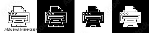 Print icon set in line and glyph style on black and white background
