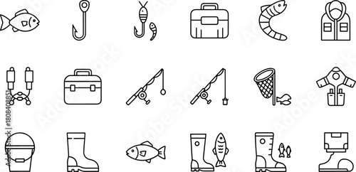 Collection of fishing equipment and symbols on a white background