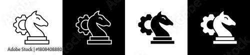 Strategy icon set in line and glyph style on black and white background